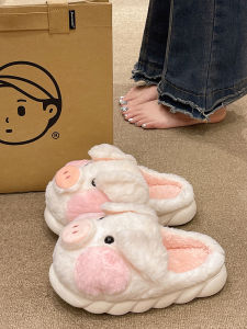 Thick Bottom Cotton Slippers Womens Winter New Indoor Home Cute Cartoon Pig Warm Plush Postpartum Slippers Sweet Style Butterfly Knot