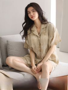 MiiOW | Áo ngủ cotton mùa hè thoáng khí cho nữ có đệm ngực mặc ở nhà có thể mặc ngoài trời quần short tay ngắn cổ bẻ nhỏ