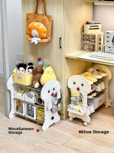 Cute Little Dog under Table Shoe Rack Mobile Student Dormitory Simple Small Shoes Storage Rack Shoe Organizer Plastic Material