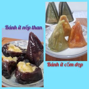 Set 10 bánh ít gồm 2 loại (5 bánh nếp than và 5 bánh cốm dẹp) nhân sầu riêng- dừa non- đậu xanh mềm dẻo thơm ngon ăn chay được
