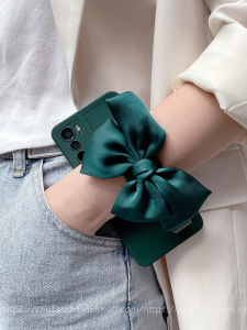 Moss Green Butterfly Knot Wristband Phone Case Full Cover Protection for Samsung S25 Ultra S24FE Galaxy S23 plus S22 Anti-Fall S21 Silicone Soft Note20 Crossbody Lanyard S20 Women Style