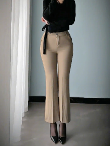 Khaki Color Business Casual Slim Fit Womens Pants Elastic Waist Thin Style Long Trousers Fashionable Versatile High Waist