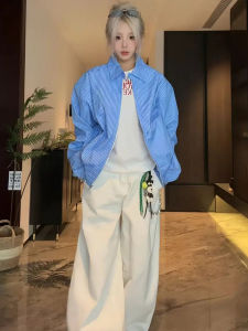 Blue Striped Mens Shirt Jacket Autumn Set Miu Style American Flight Jacket Long Sleeve Fashionable Youth Outerwear Set