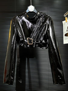 Fancy Vintage Patent Leather Glossy Oblique Zipper Short Pu Small Leather Coat Womens Autumn Series Belt Loop Motorcycle Clothing