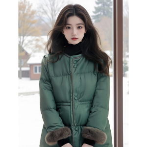 New Winter Chinese Style Womens Green round Neck Plush Patchwork down Cotton Jacket Song Jin National Style Small Cotton Coat