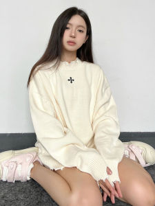 American Style Retro Long Sleeve Knitted Sweater Womens Spring Autumn New Embroidery Heavy Loose Top Hole Sweater Coat