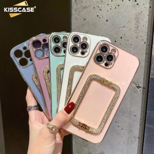 KISSCASAE 3D Crystal Square Bracket Gold Plated Phone Case for IPhone 14 Pro/iPhone14 Pro Max /14 Plus IPhone 13/13 Pro/13 Pro Max IPhone 12 Pro Iphone 11 Pro Max/11 11 Pro Soft TPU Holder Stand Case