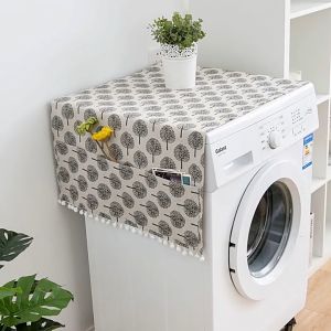 Khăn phủ máy giặt lồng ngang Mary Decor vải bố linen chạy pompom trắng cực yêu kích thước 55 x 130 cm