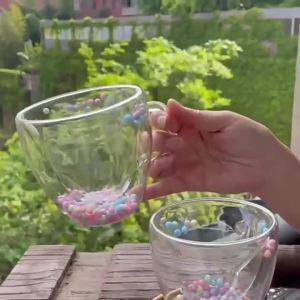 KEMORELA 1PCS Double Wall Clear Glass Coffee Mugs Clear Glass Cups with Handle Love Shape Colored Balls For Espresso Coffee
