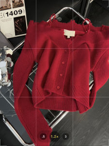 Elegant Red Knitted V-Neck Long Sleeve Womens Sweater Spring New Style Shoulder Bared Open Cardigan Casual Commute Style