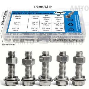 A Kit of 240 Stainless Steel Hex Bolts and Nuts Sizes: M4/M5 Lengths: 16mm 20mm 25mm.