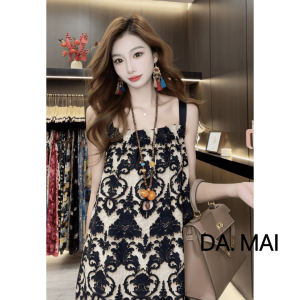 Summer 2026 New Chinese Style Sateen Material Luxury Loose Midi Length Print Sleeveless Elegant Skirt Strapless One Piece Dress