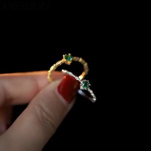 ANENJERY Silver Color Green Zircon Thin Ring For Women Trendy Exquisite Adjustable Promise Ring Vintage Accessories