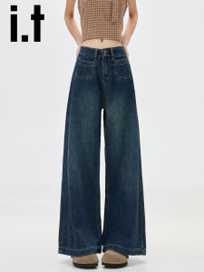 American Retro Wide Leg Denim Jeans Womens Autumn Double Button Design Straight Leg Pants Casual Style Standard Size No Stretch