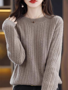 เสื้อสเวตเตอร์ถักผ้าขนสัตว์คอตั้งทรงหลวมสำหรับผู้หญิงไซส์ใหญ่ แขนยาว ปกติ ฤดูใบไม้ร่วง/ฤดูหนาว เสื้อชั้นในถักแบบหนา