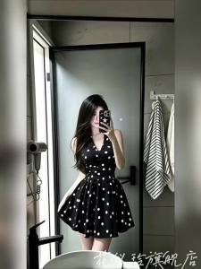 HUAYILING | French Elegance Black Polka Dot Halter Sleeveless Dress