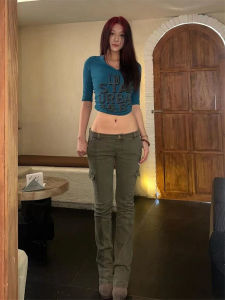 กางเกงยีนส์ทรงหลวมเอวต่ำสไตล์ย้อนยุคอเมริกัน กางเกงขายาวทรงเข้ารูปสำหรับผู้หญิง ทรงสลิมฟิต กางเกงขายาวสำหรับใส่ทำงาน ลายดอกไม้