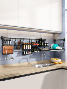 Black Wall-Mounted Kitchen Storage Rack No Drilling Required 201 Stainless Steel Spice Holder Home Drain Dish Storage Shelf