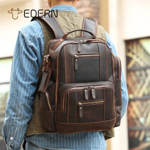 EDERN Retro Crazy Horse Leather Backpack for Men Large Capacity Outdoor Travel Backpack Genuine Leather Schoolbag 15.6-inch Laptop Backpack