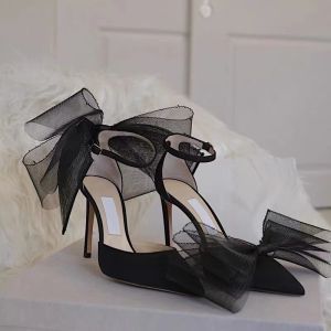 รองเท้าส้นสูงผูกโบว์สีดำ ทรงหัวแหลม ทรงหัวมน รองเท้าแตะส้นบาง ทรงนางฟ้า รองเท้าแฟชั่นสำหรับผู้หญิง ฤดูใบไม้ผลิและฤดูร้อน