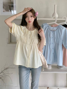 plus Size Womens French Style Short Sleeve Bubble Shirt Summer Slimming Tummy Covering Top Straight Cut Korean Style Polyester Fiber