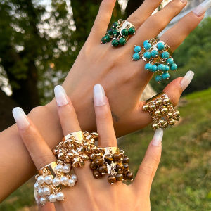 Tassel Beads Wide Face Open Ring Womens Trendy Hip Hop Personality Niche Popular Photography Matching Accessories