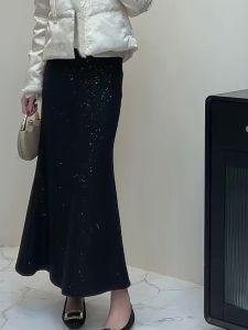 Black Slimming Vintage Chinese Style Half-length Skirt Womens Winter New Bright Sequin Design Sensation Skirts Commute