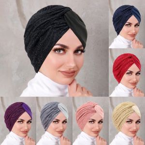 2025 New Lace Splicing Women Muslim Hijab Caps Wrap Head Indian Turban Bonnet Fashion Headdress Islamic Clothing Accessories