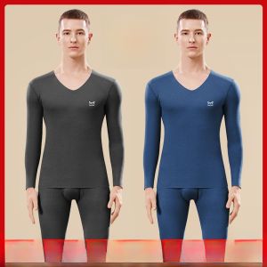 MiiOW | Thickened Fleece Warm Underwear Set For Men Catman Seamless V-neck Long Sleeve Base Layer Autumn Clothes Winter Thermal Wear