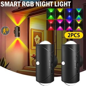 2Pcs LED Motion Sensor Night Lights Warm USB Rechargeable Magnetic Mounting Wall Lamp 15 RGB Colors Staircase Light Indoor Lamp