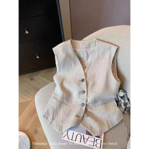 Ladies Linen Suit Vest Unique Sleeveless V-Neck Summer Style Fashionable Shoulder Pad Jacket Straight Cut Single Piece