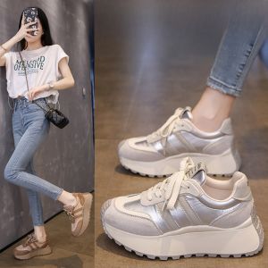 Real Leather Dad Shoes Womens High Top Thick Bottom Sport Shoes Increase Height 8cm Retro Style Agan round Toe Casual Shoes