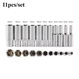 11pcs 1/4 Interface Long Chrome Vanadium Steel Socket 4mm-14mm Socket 6.35mm Industrial Grade Socket Wrench Head Ratchet Tool