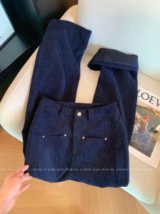 Slim Straight Corduroy Casual Pants for Women in Dark Blue Fall New Style Versatile Pear Shape Slimming High Waist Zipper