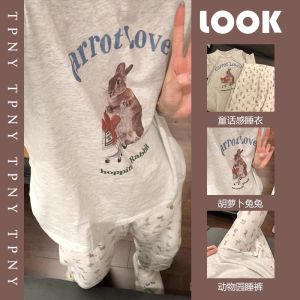 Cute Bunny Print Short Sleeve Pajamas Womens Summer New Cotton Pajama Pants Home Wear Casual Pants Suit Outwear