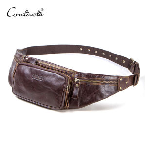 CONTACTS Genuine Leather Waist Pack For Men Casual Small Fanny Pack Male Waist BagsTravel Chest Bag Single Shoulder Phone Leather Bags
