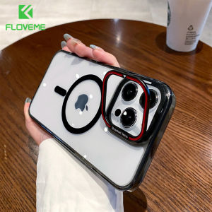 FLOVEME Plating With Metal Lens Bracket Stand Clear Phone Case For iphone 15 14 13 Pro Max 15 14 Plus Magsafe Wireless Charging Transparent TPU Anti-fall Shockproof Back Cover For iphone 15 14 13