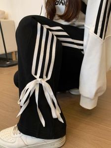Large Size Womens Casual Sports Pants with Butterfly Knot Wide Leg Straight Cut Loose Fit American Style Sweatpants