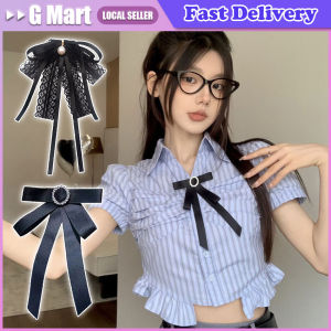 Simple Pearl Bow Tie Shirt Collar Pin Black Lace Ribbon Fabric Bowtie Brooch Female Fashion Student School Clothing Accessories