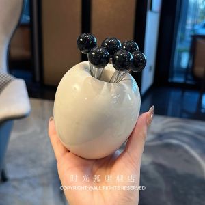 Luxurious Ceramic Fruit Fork Set with Dessert Spoon Storage Canister for Home Use Sweet Treats And Fruit Bites Stainless Steel