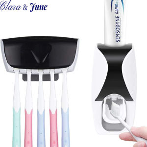 Clara.Automatic Toothbrush Dispenser Wall Mount Toothpaste Squeezer and Toothbrush Holder Set for Kids Family Bathroom Use (BlackBlue)