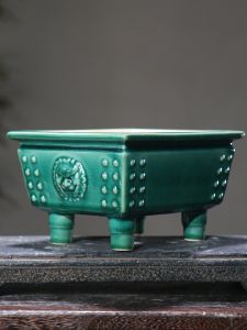 Rectangular Ceramic Bonsai Basin Animal Face Beast Button Drum Lilac Stove High Foot Tripod Purple Sand Flower Pot Japanese Traditional Classical