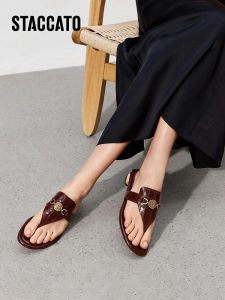 Staccato 2025 New Womens Flat Sandals Comfortable Slip-On Rubber Sole Low Heel Daily Wear Head Layer Cowhide Leather