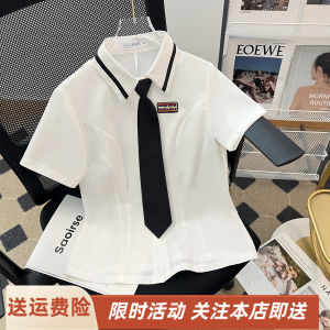 Summer British Style School Uniform Shirt Short Sleeve Womens with Tie College Style Age Reduction Casual Top