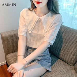 AMMIN summer new ladies lace doll neck short-sleeved chiffon shirt Korean style fashion temperament loose hundred lace Tops