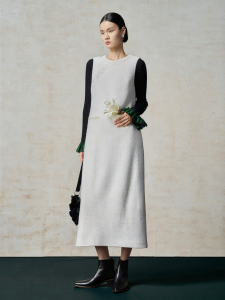 Wool Handcrafted Beaded Floral Long Dress