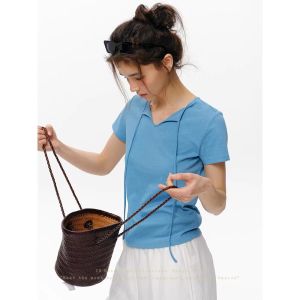 SHEITAOZI | Pure Color Belted Short Sleeve Slim Fit Casual Womens T-shirt