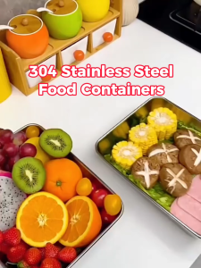 304 Stainless Steel Food Container with Cover Food Storage Trays Fresh Keeping Box Refrigerator Organizer Meat Vegetable Fruit Crisper for Home Kitchen Picnic Camping Christmas Party