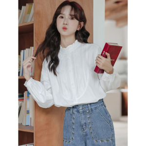 Elegant White Long Sleeve Embroidered Collar Shirt Korean Style Stand Collar Pleated Edge Womens Top for Autumn Season