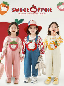 Modern Retro Embroidered Fruit Girls Cargo Pants Spring Cute Loose Straight Leggings Children Fun Clothing Cotton Blend Fabric